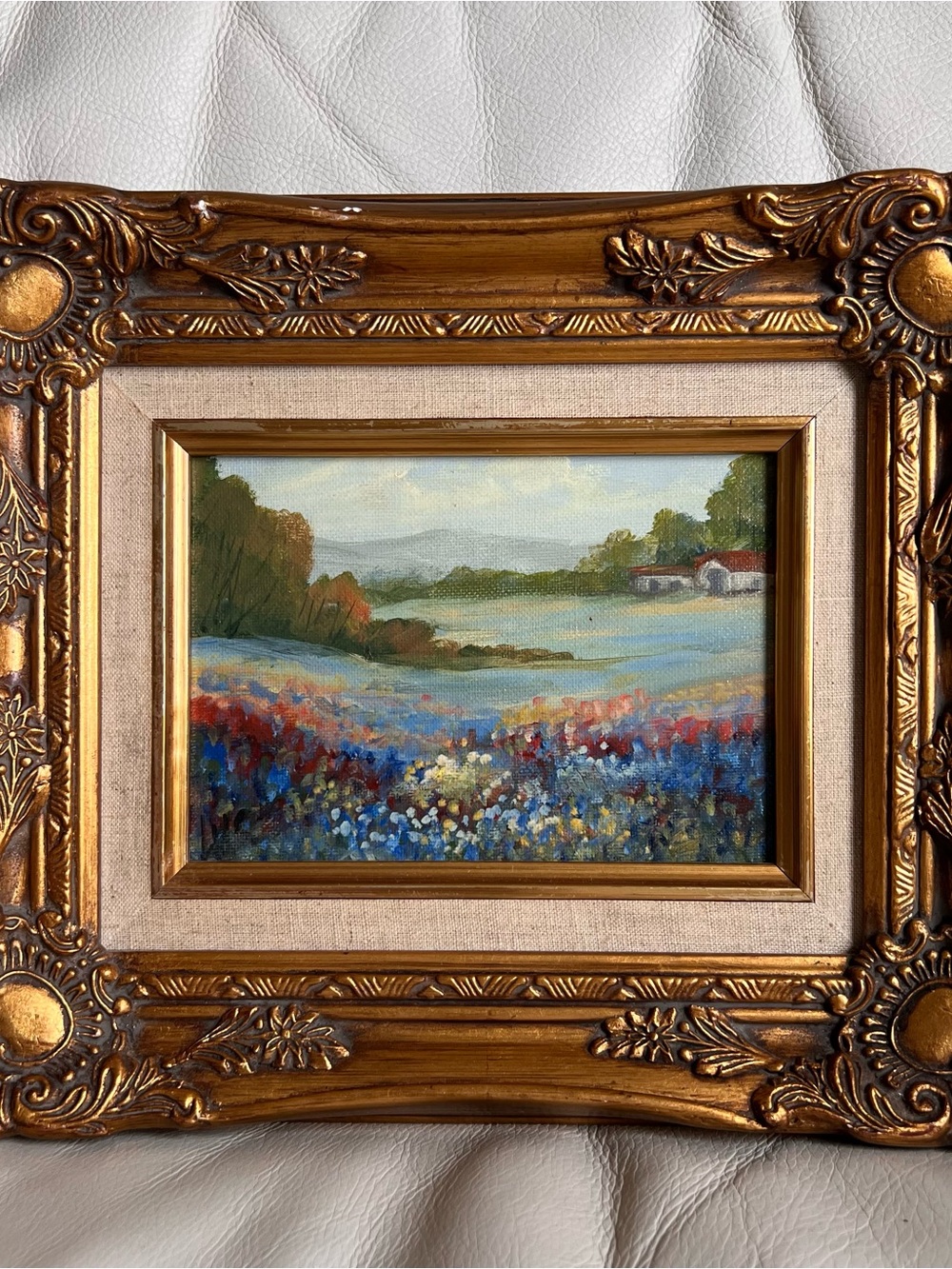 Vintage Landscape Oil on Canvas Gold-Framed Floral Meadow Painting